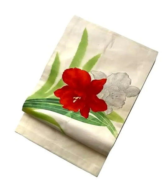 Vintage Japanese Nagoya Obi / Cream Silk / Hand-Painted & Embroidered Red Flower / Kimono Sash Belt