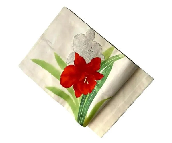 Vintage Japanese Nagoya Obi / Cream Silk / Hand-Painted & Embroidered Red Flower / Kimono Sash Belt