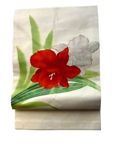 Vintage Japanese Nagoya Obi / Cream Silk / Hand-Painted & Embroidered Red Flower / Kimono Sash Belt