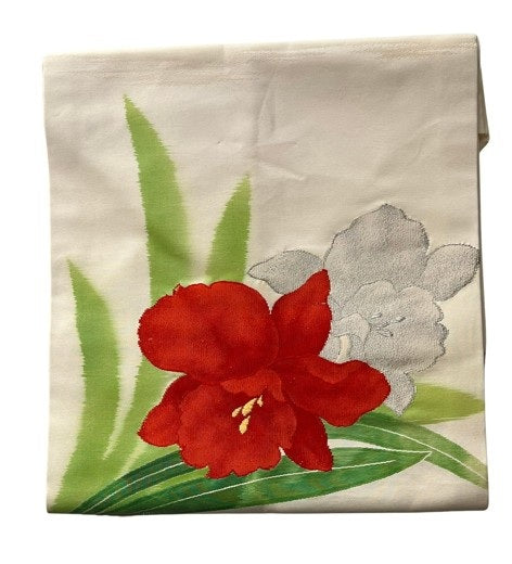 Vintage Japanese Nagoya Obi / Cream Silk / Hand-Painted & Embroidered Red Flower / Kimono Sash Belt
