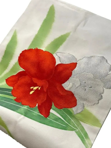 Vintage Japanese Nagoya Obi / Cream Silk / Hand-Painted & Embroidered Red Flower / Kimono Sash Belt