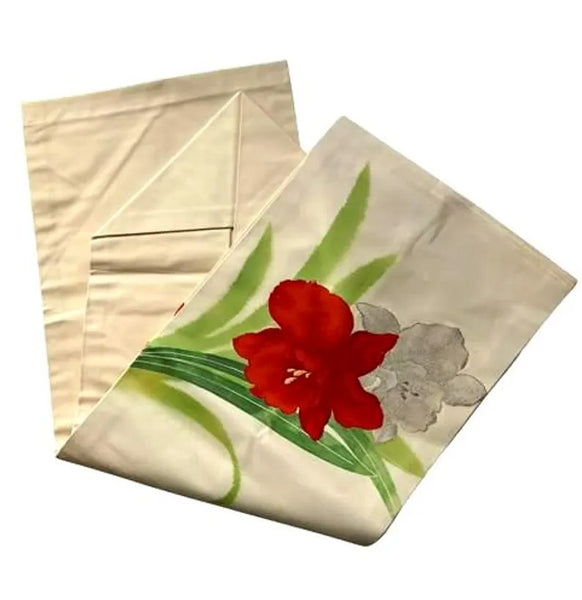 Vintage Japanese Nagoya Obi / Cream Silk / Hand-Painted & Embroidered Red Flower / Kimono Sash Belt