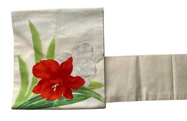 Vintage Japanese Nagoya Obi / Cream Silk / Hand-Painted & Embroidered Red Flower / Kimono Sash Belt