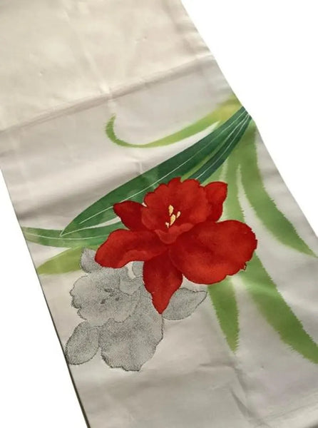 Vintage Japanese Nagoya Obi / Cream Silk / Hand-Painted & Embroidered Red Flower / Kimono Sash Belt