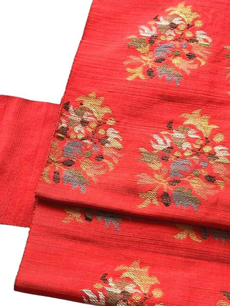 Vintage Japanese Nagoya Obi / Red-Orange Tsumugi Silk / Woven Floral Bouquet Medallion / Kimono Sash Belt