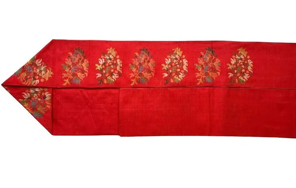 Vintage Japanese Nagoya Obi / Red-Orange Tsumugi Silk / Woven Floral Bouquet Medallion / Kimono Sash Belt