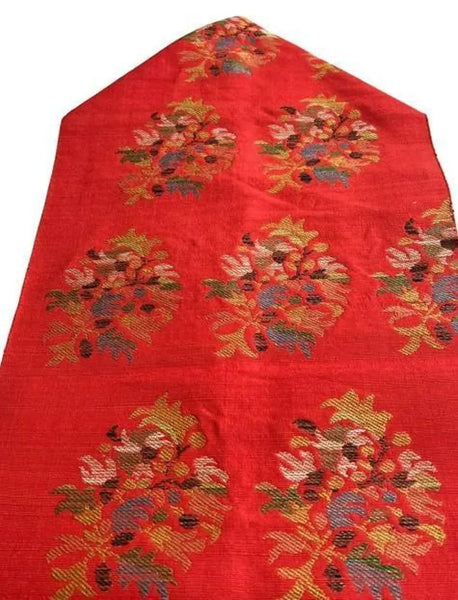 Vintage Japanese Nagoya Obi / Red-Orange Tsumugi Silk / Woven Floral Bouquet Medallion / Kimono Sash Belt