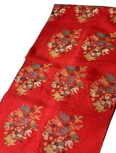 Vintage Japanese Nagoya Obi / Red-Orange Tsumugi Silk / Woven Floral Bouquet Medallion / Kimono Sash Belt