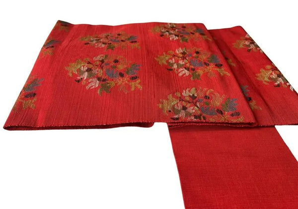 Vintage Japanese Nagoya Obi / Red-Orange Tsumugi Silk / Woven Floral Bouquet Medallion / Kimono Sash Belt