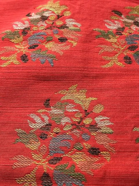 Vintage Japanese Nagoya Obi / Red-Orange Tsumugi Silk / Woven Floral Bouquet Medallion / Kimono Sash Belt