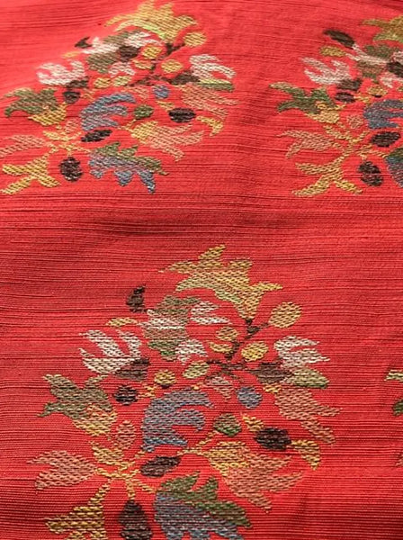 Vintage Japanese Nagoya Obi / Red-Orange Tsumugi Silk / Woven Floral Bouquet Medallion / Kimono Sash Belt