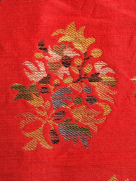 Vintage Japanese Nagoya Obi / Red-Orange Tsumugi Silk / Woven Floral Bouquet Medallion / Kimono Sash Belt