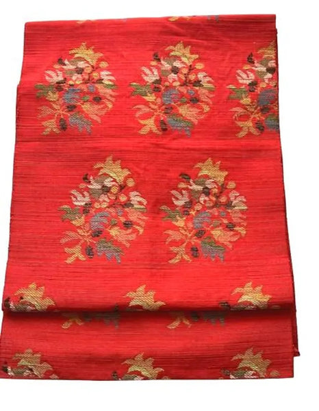 Vintage Japanese Nagoya Obi / Red-Orange Tsumugi Silk / Woven Floral Bouquet Medallion / Kimono Sash Belt