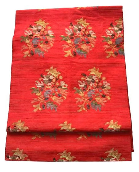 Vintage Japanese Nagoya Obi / Red-Orange Tsumugi Silk / Woven Floral Bouquet Medallion / Kimono Sash Belt