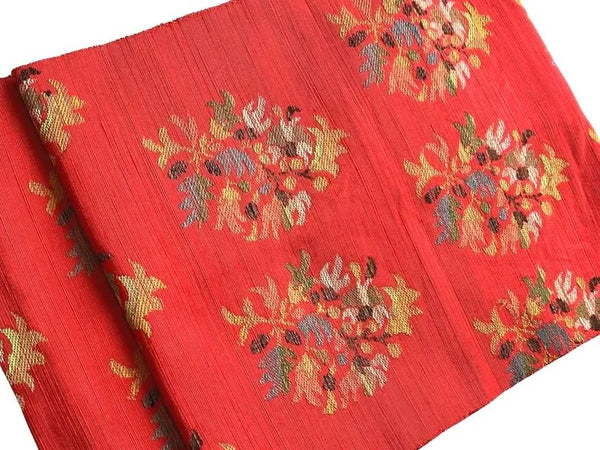 Vintage Japanese Nagoya Obi / Red-Orange Tsumugi Silk / Woven Floral Bouquet Medallion / Kimono Sash Belt