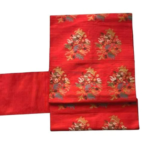 Vintage Japanese Nagoya Obi / Red-Orange Tsumugi Silk / Woven Floral Bouquet Medallion / Kimono Sash Belt