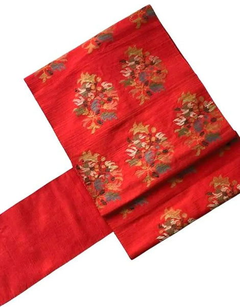 Vintage Japanese Nagoya Obi / Red-Orange Tsumugi Silk / Woven Floral Bouquet Medallion / Kimono Sash Belt