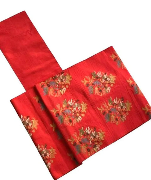 Vintage Japanese Nagoya Obi / Red-Orange Tsumugi Silk / Woven Floral Bouquet Medallion / Kimono Sash Belt