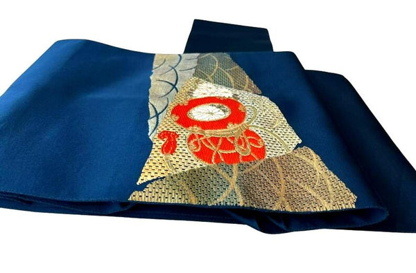 Vintage Japanese Nagoya Obi / Navy Blue Silk with Gold Brocade, Taiko Drum & Wave Motif | Formal Kimono Accessory