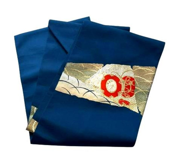 Vintage Japanese Nagoya Obi / Navy Blue Silk with Gold Brocade, Taiko Drum & Wave Motif | Formal Kimono Accessory