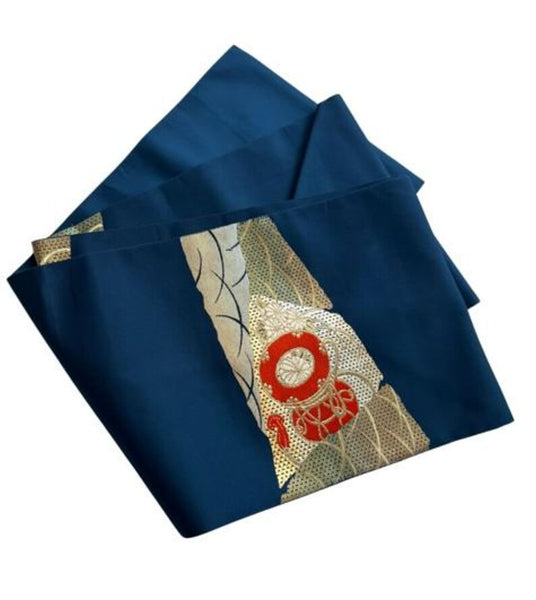 Vintage Japanese Nagoya Obi / Navy Blue Silk with Gold Brocade, Taiko Drum & Wave Motif | Formal Kimono Accessory