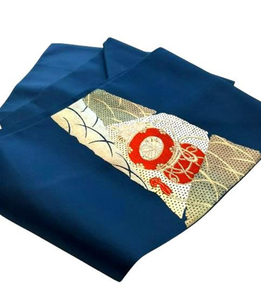 Vintage Japanese Nagoya Obi / Navy Blue Silk with Gold Brocade, Taiko Drum & Wave Motif | Formal Kimono Accessory