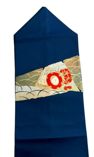 Vintage Japanese Nagoya Obi / Navy Blue Silk with Gold Brocade, Taiko Drum & Wave Motif | Formal Kimono Accessory