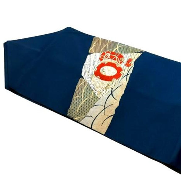 Vintage Japanese Nagoya Obi / Navy Blue Silk with Gold Brocade, Taiko Drum & Wave Motif | Formal Kimono Accessory