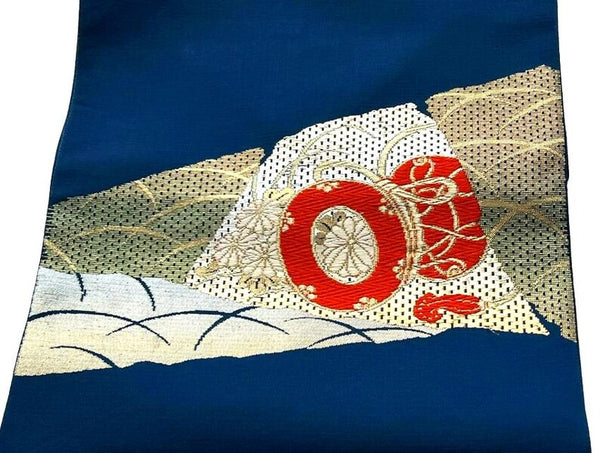 Vintage Japanese Nagoya Obi / Navy Blue Silk with Gold Brocade, Taiko Drum & Wave Motif | Formal Kimono Accessory