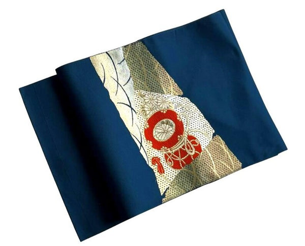 Vintage Japanese Nagoya Obi / Navy Blue Silk with Gold Brocade, Taiko Drum & Wave Motif | Formal Kimono Accessory