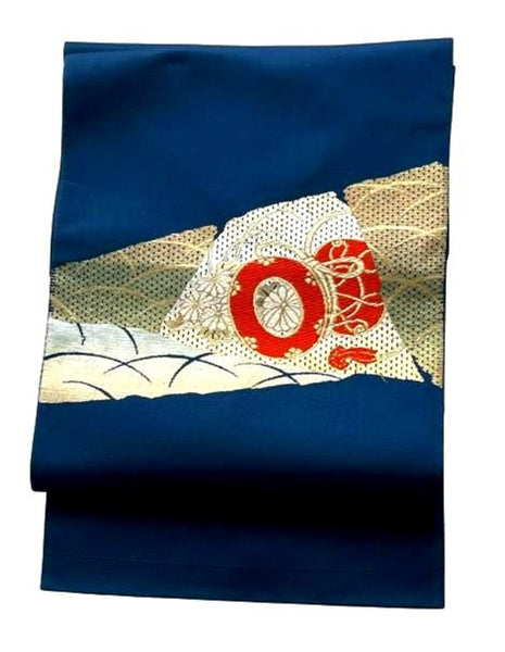 Vintage Japanese Nagoya Obi / Navy Blue Silk with Gold Brocade, Taiko Drum & Wave Motif | Formal Kimono Accessory