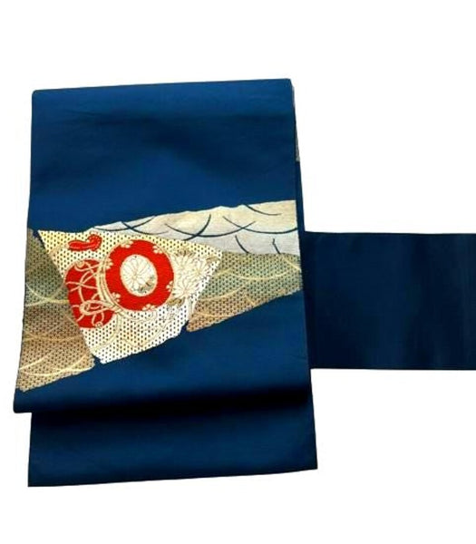 Vintage Japanese Nagoya Obi / Navy Blue Silk with Gold Brocade, Taiko Drum & Wave Motif | Formal Kimono Accessory