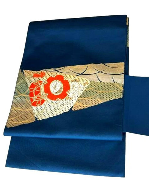 Vintage Japanese Nagoya Obi / Navy Blue Silk with Gold Brocade, Taiko Drum & Wave Motif | Formal Kimono Accessory