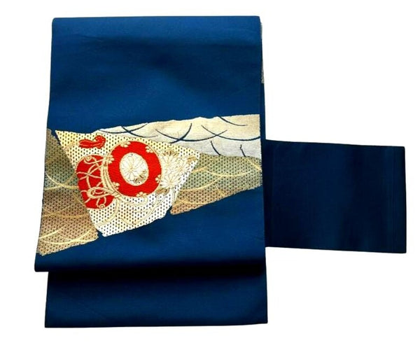 Vintage Japanese Nagoya Obi / Navy Blue Silk with Gold Brocade, Taiko Drum & Wave Motif | Formal Kimono Accessory