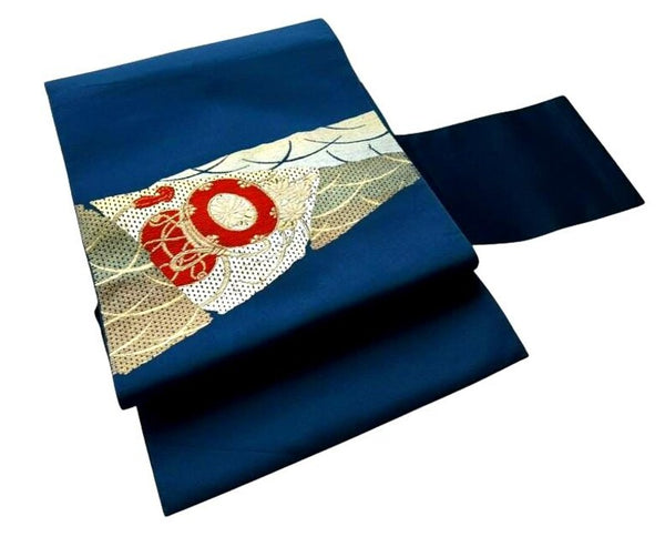 Vintage Japanese Nagoya Obi / Navy Blue Silk with Gold Brocade, Taiko Drum & Wave Motif | Formal Kimono Accessory
