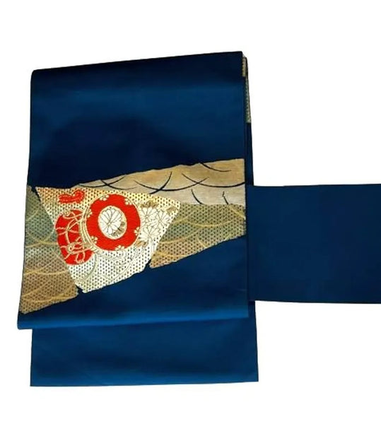 Vintage Japanese Nagoya Obi / Navy Blue Silk with Gold Brocade, Taiko Drum & Wave Motif | Formal Kimono Accessory