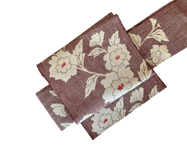 Japanese Vintage Nagoya Obi – Peony Floral Pattern, Women's Cotton Kimono Sash