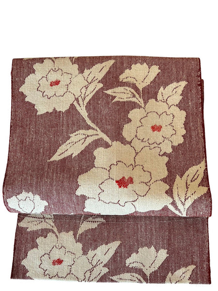 Japanese Vintage Nagoya Obi – Peony Floral Pattern, Women's Cotton Kimono Sash