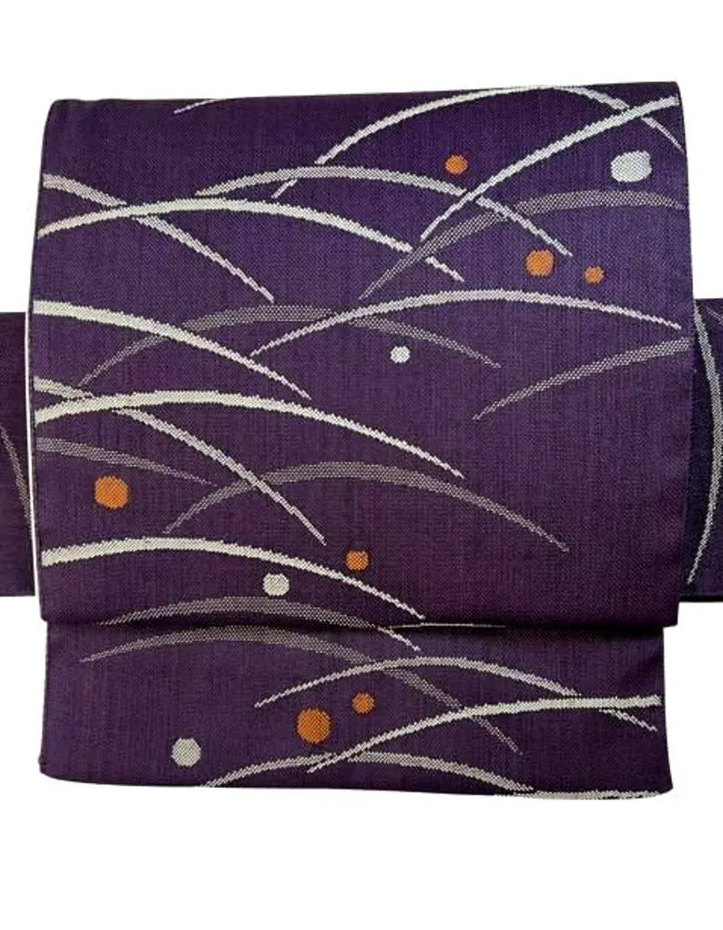 Japanese Traditional Women's Tsukuri Obi / Purple Tsumugi-Style Pre-Tied Obi for Kimono, Grass & Dot Pattern