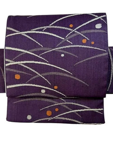 Japanese Traditional Women's Tsukuri Obi / Purple Tsumugi-Style Pre-Tied Obi for Kimono, Grass & Dot Pattern