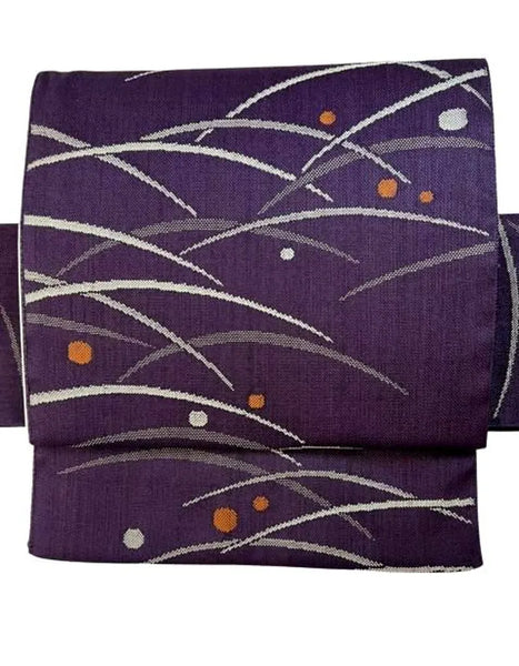 Japanese Traditional Women's Tsukuri Obi / Purple Tsumugi-Style Pre-Tied Obi for Kimono, Grass & Dot Pattern
