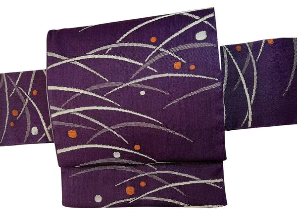Japanese Traditional Women's Tsukuri Obi / Purple Tsumugi-Style Pre-Tied Obi for Kimono, Grass & Dot Pattern