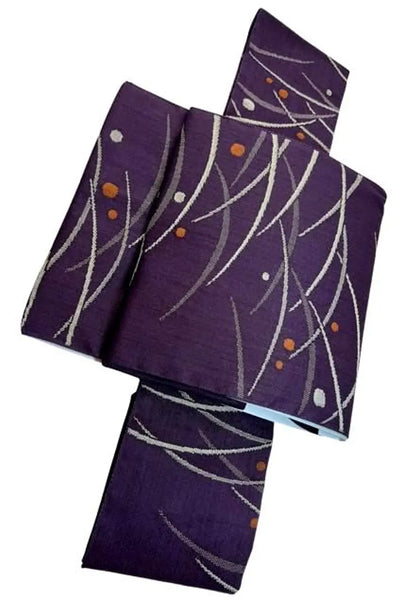 Japanese Traditional Women's Tsukuri Obi / Purple Tsumugi-Style Pre-Tied Obi for Kimono, Grass & Dot Pattern