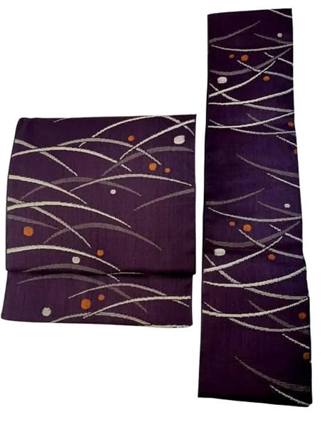 Japanese Traditional Women's Tsukuri Obi / Purple Tsumugi-Style Pre-Tied Obi for Kimono, Grass & Dot Pattern