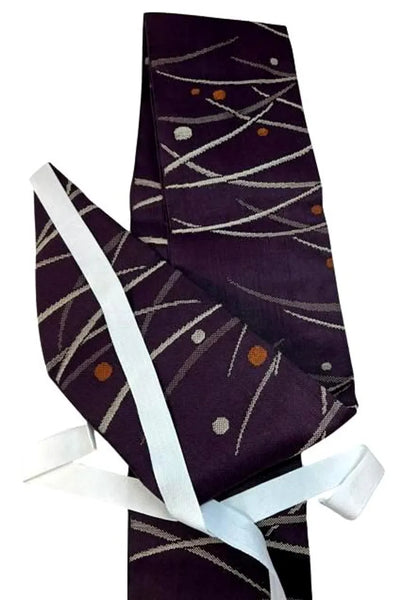 Japanese Traditional Women's Tsukuri Obi / Purple Tsumugi-Style Pre-Tied Obi for Kimono, Grass & Dot Pattern