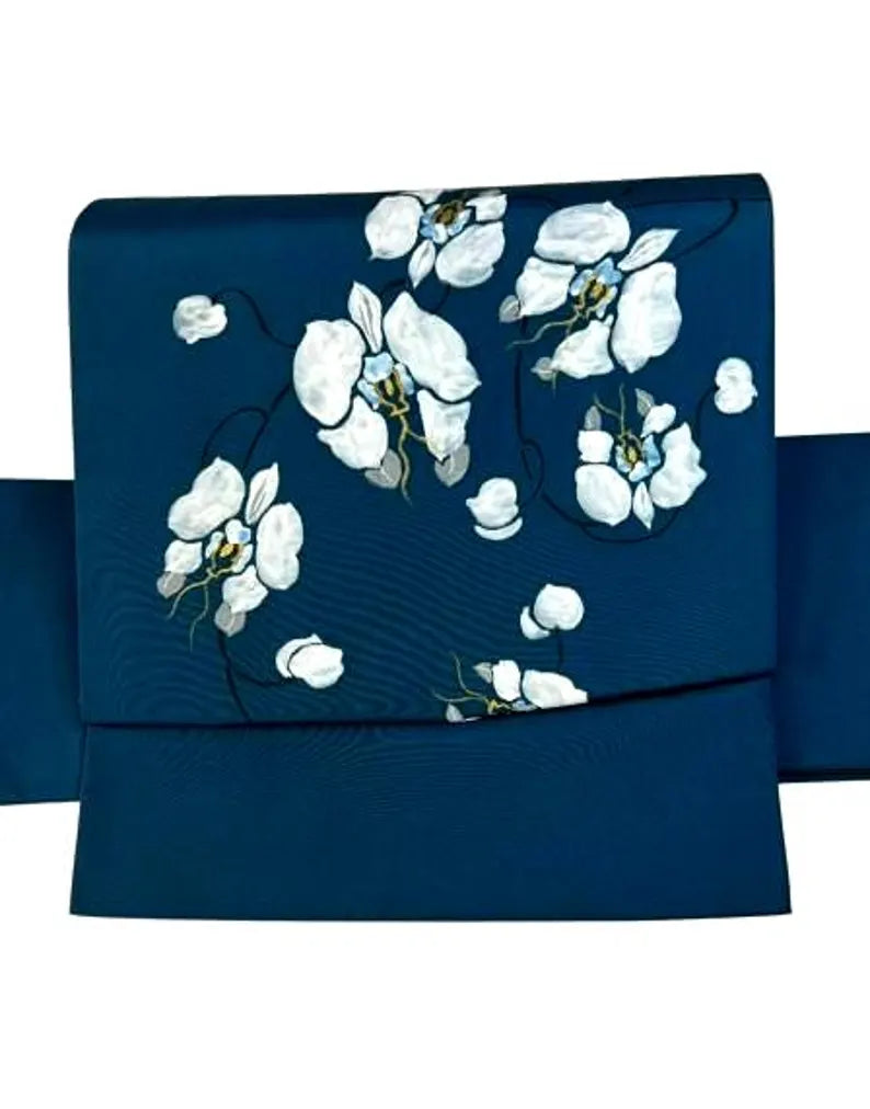 Japanese Teal Blue Kimono Obi Belt: White Orchid Tsukuri, Pre-Tied