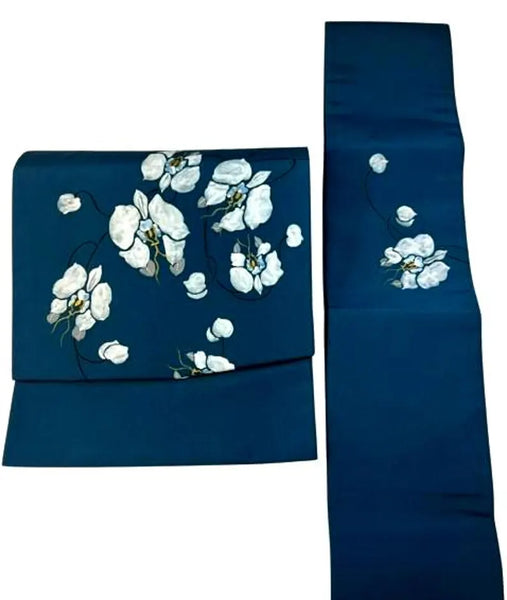 Japanese Teal Blue Kimono Obi Belt: White Orchid Tsukuri, Pre-Tied