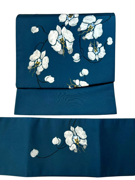 Japanese Teal Blue Kimono Obi Belt: White Orchid Tsukuri, Pre-Tied