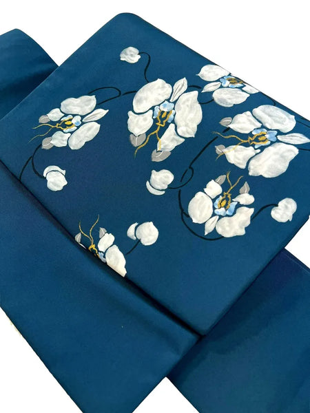 Japanese Teal Blue Kimono Obi Belt: White Orchid Tsukuri, Pre-Tied