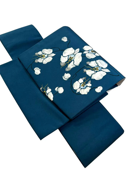 Japanese Teal Blue Kimono Obi Belt: White Orchid Tsukuri, Pre-Tied